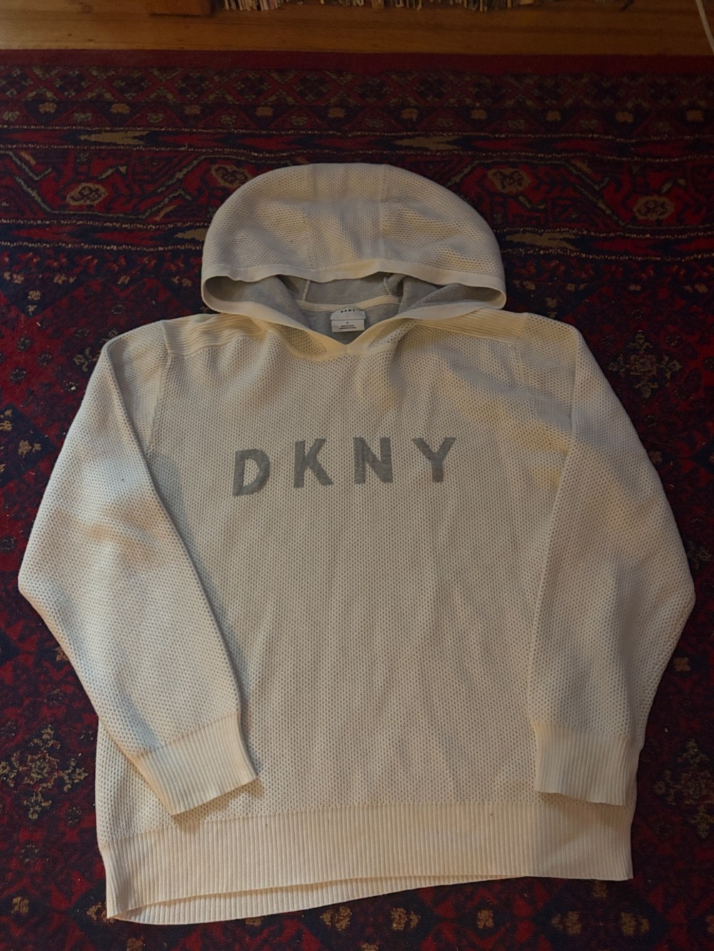 DKNY Cream Hooded Knit Pullover with Grey Logo